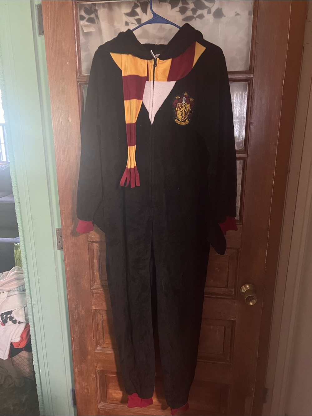 Harry Potter Gryffindor WomenBlack Hooded Onesie Costume with Red and Gold Scarf
